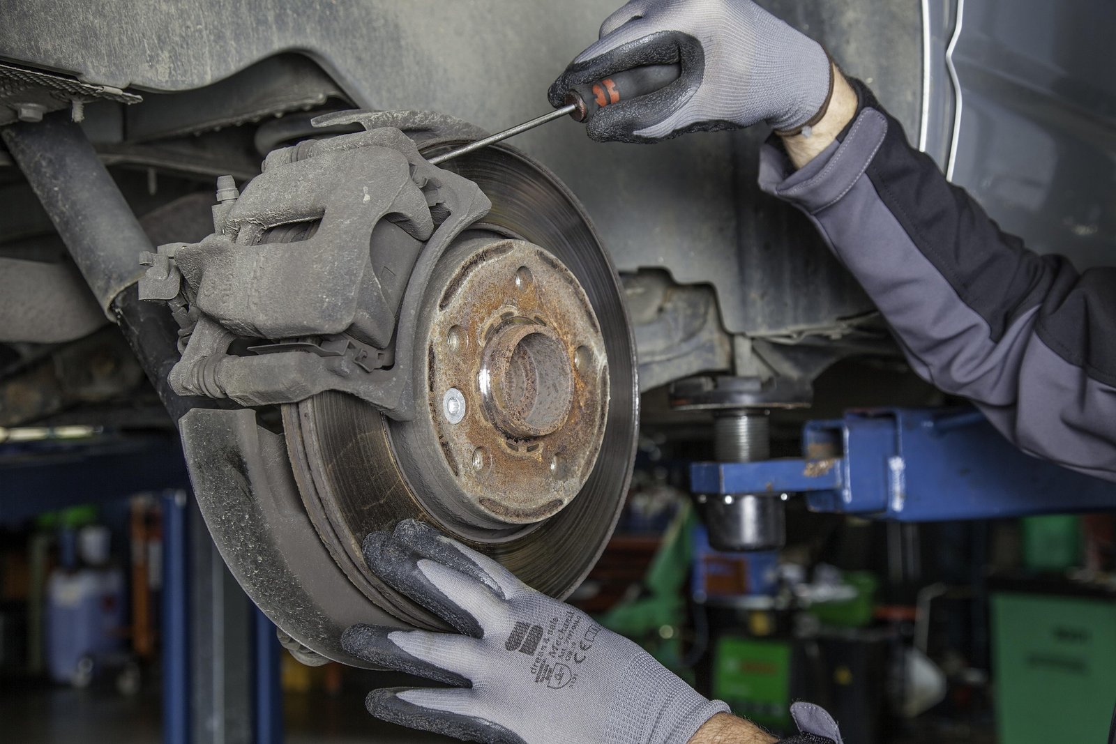 Close-up of brake pad and rotor replacement in Fort Worth, TX